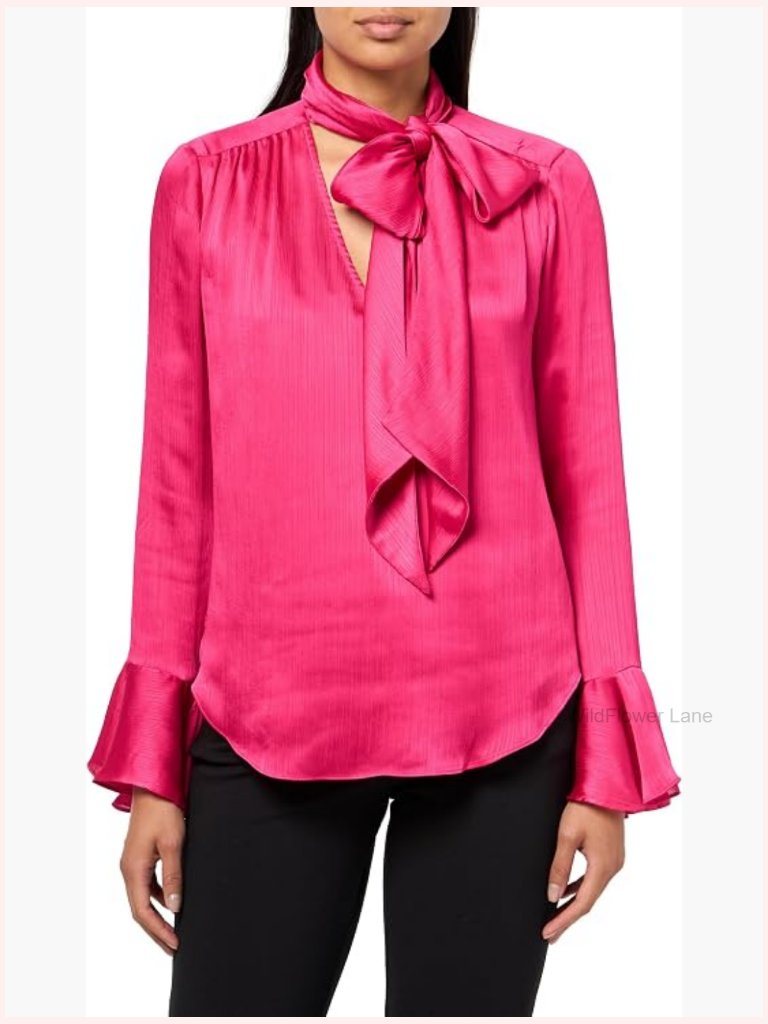 Tie Neck Crinkle Georgette Blouse Long Flare Sleeve